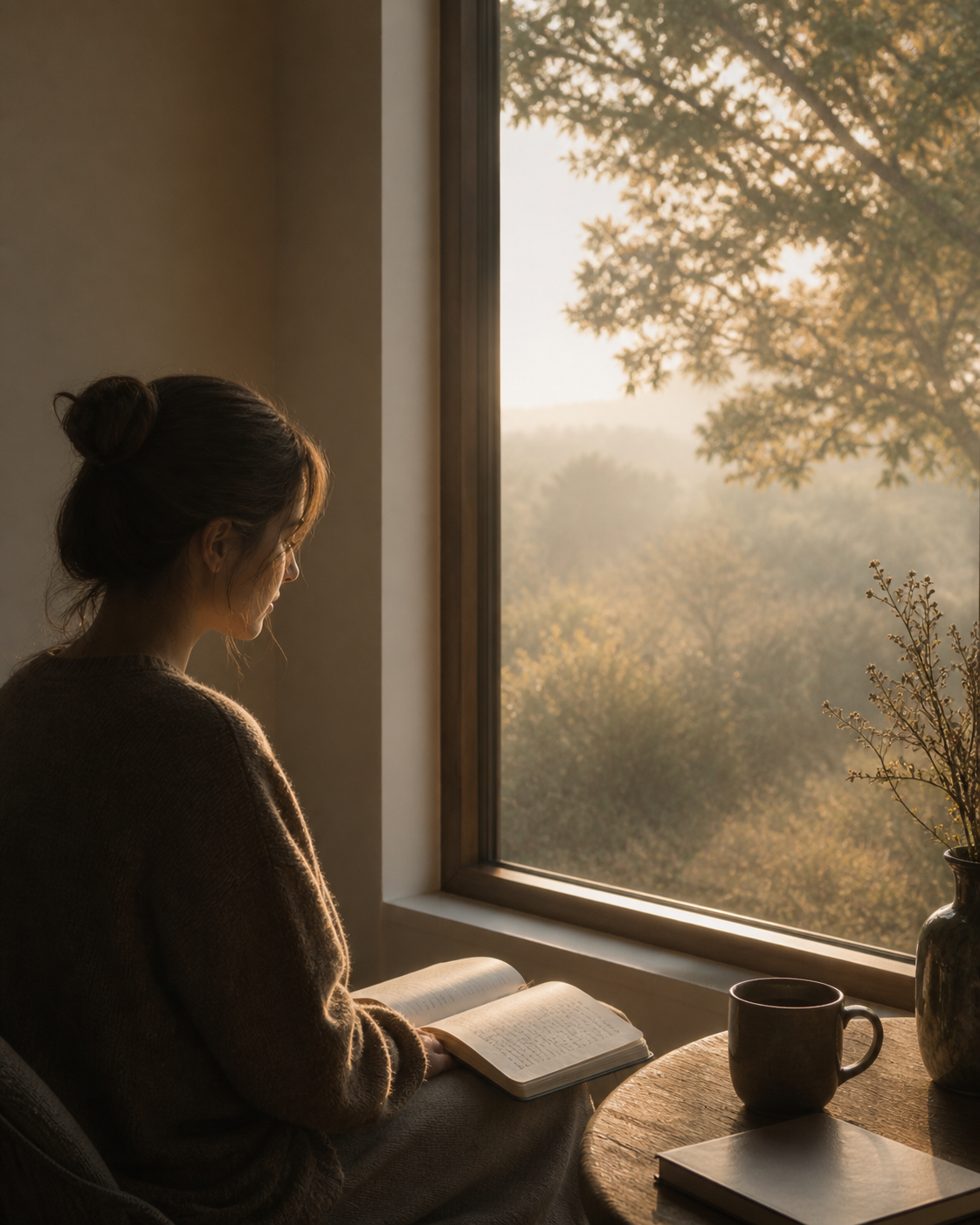 A woman sitting quietly by a window with an open book in warm evening light