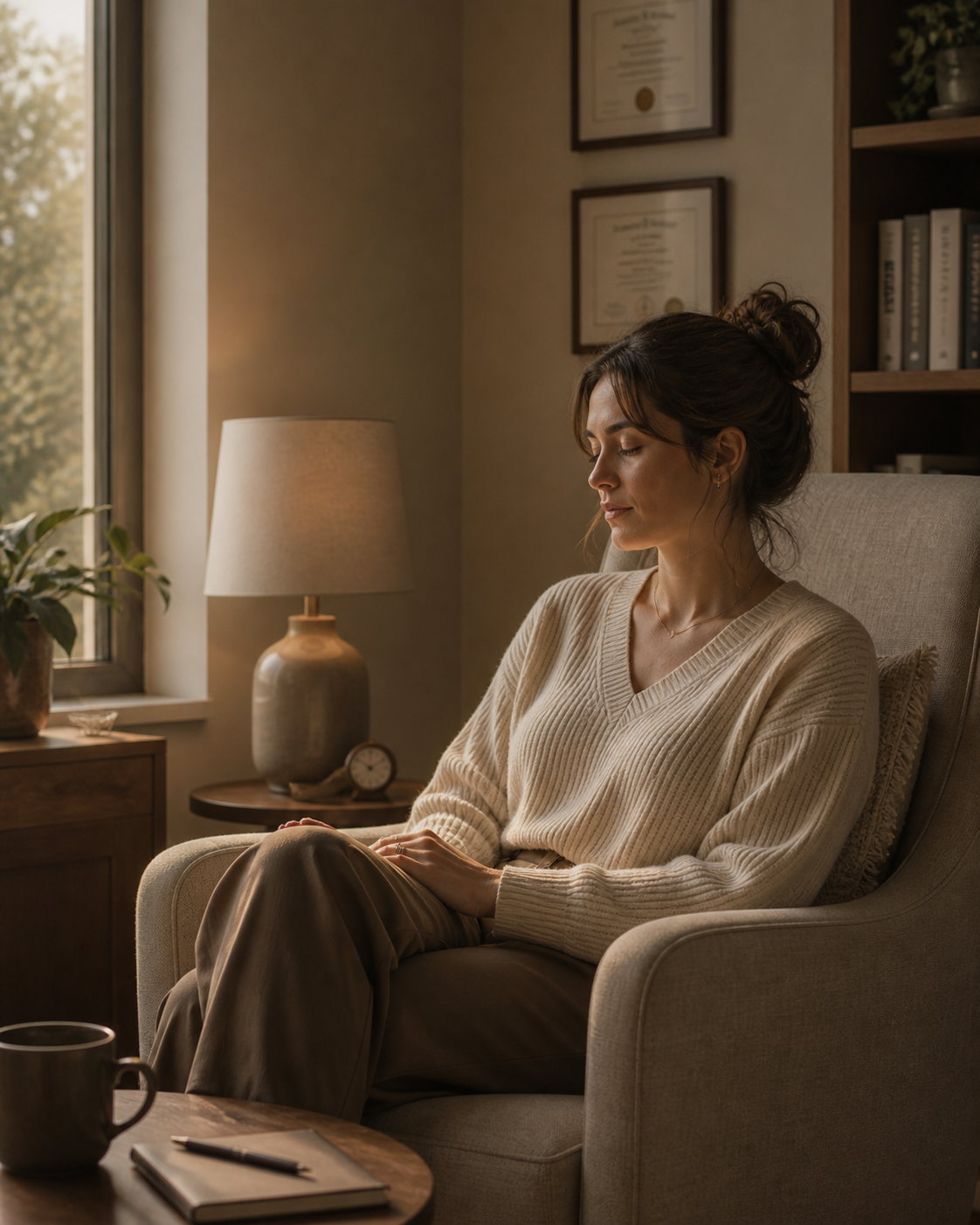 A woman resting quietly in an armchair in a softly lit room