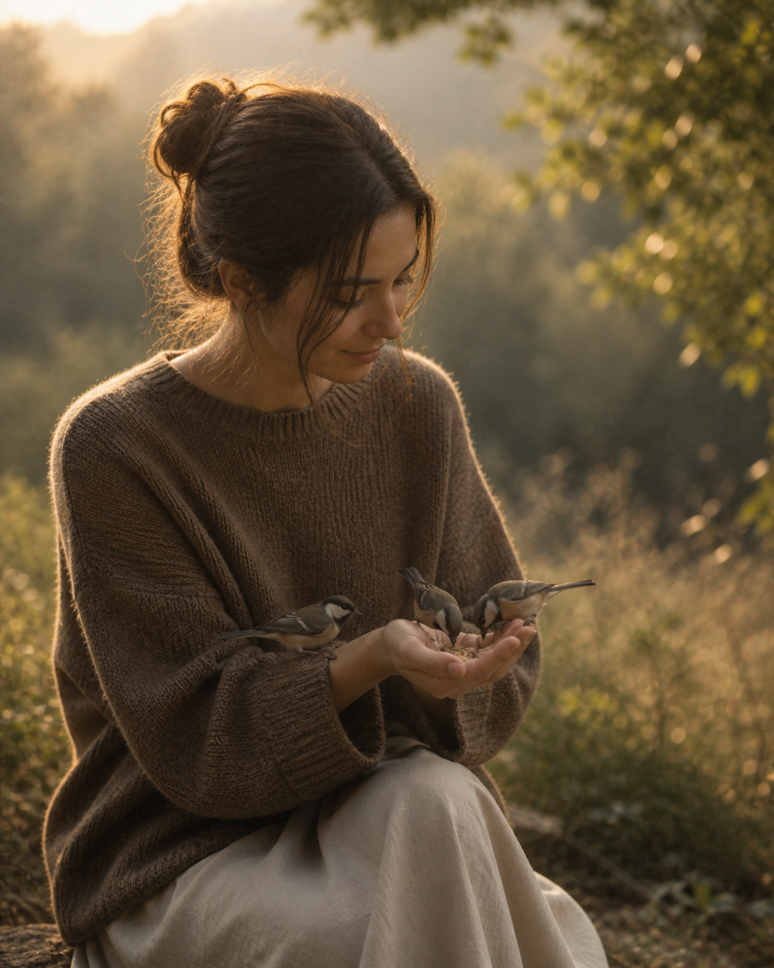 A woman sitting outdoors in golden light with birds resting in her hands